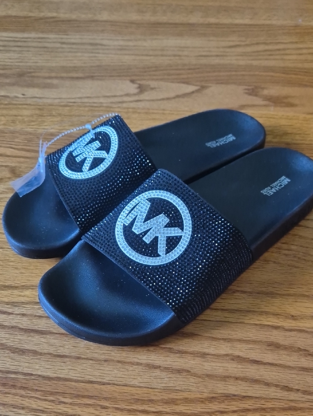 MICHAEL Michael Kors Black Crystal MK Logo Slide Sandals, Size 11 NWOB